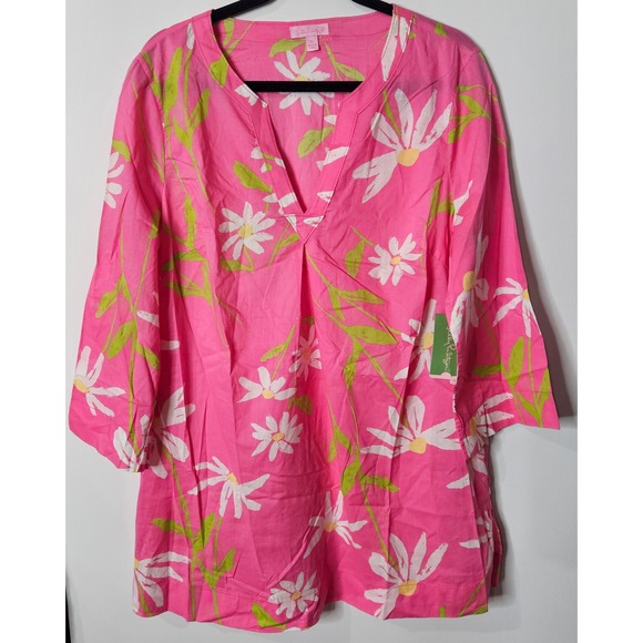 Lilly Pulitzer Tops - Lilly Pulitzer Josie Tunic Hotty Pink Twirlers Floral Linen Top XL NEW $88msrp